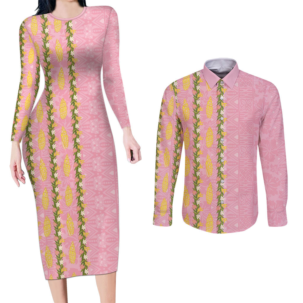 Hawaii Shell Tiare Anthurium Heliconia Lei Couples Matching Long Sleeve Bodycon Dress and Long Sleeve Button Shirt With Tapa Pattern Baby Pink