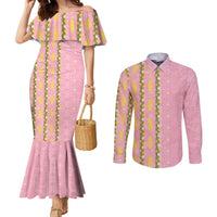 Hawaii Shell Tiare Anthurium Heliconia Lei Couples Matching Mermaid Dress and Long Sleeve Button Shirt With Tapa Pattern Baby Pink