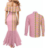 Hawaii Shell Tiare Anthurium Heliconia Lei Couples Matching Mermaid Dress and Long Sleeve Button Shirt With Tapa Pattern Baby Pink
