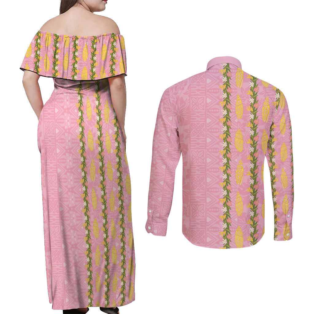 Hawaii Shell Tiare Anthurium Heliconia Lei Couples Matching Off Shoulder Maxi Dress and Long Sleeve Button Shirt With Tapa Pattern Baby Pink