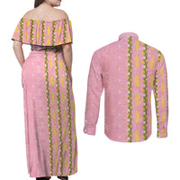 Hawaii Shell Tiare Anthurium Heliconia Lei Couples Matching Off Shoulder Maxi Dress and Long Sleeve Button Shirt With Tapa Pattern Baby Pink