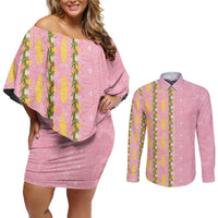 Hawaii Shell Tiare Anthurium Heliconia Lei Couples Matching Off Shoulder Short Dress and Long Sleeve Button Shirt With Tapa Pattern Baby Pink