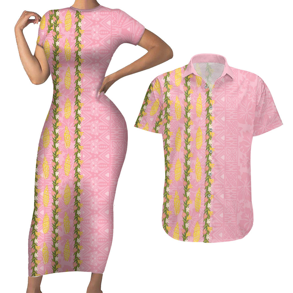 Hawaii Shell Tiare Anthurium Heliconia Lei Couples Matching Short Sleeve Bodycon Dress and Hawaiian Shirt With Tapa Pattern Baby Pink