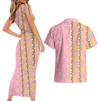 Hawaii Shell Tiare Anthurium Heliconia Lei Couples Matching Short Sleeve Bodycon Dress and Hawaiian Shirt With Tapa Pattern Baby Pink