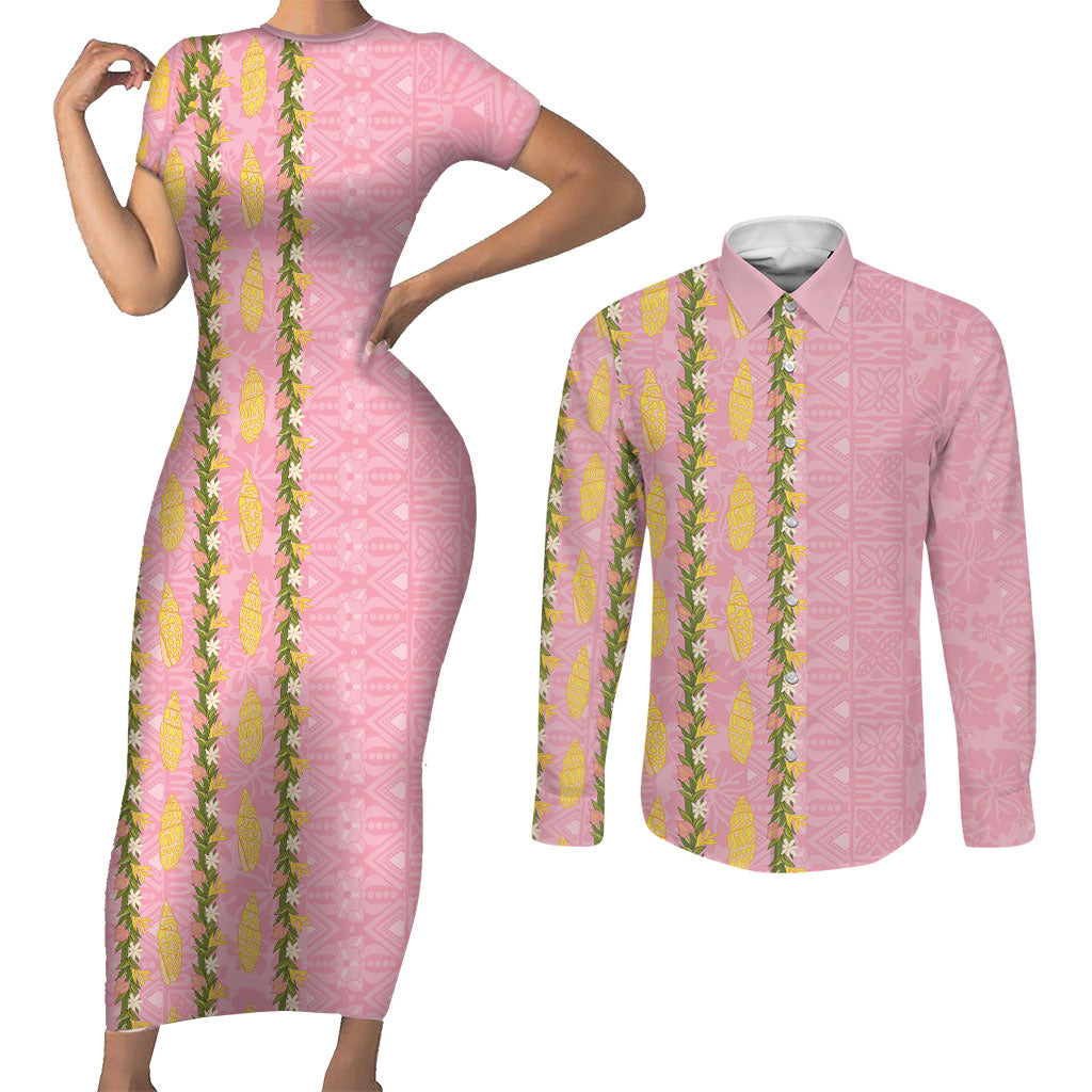 Hawaii Shell Tiare Anthurium Heliconia Lei Couples Matching Short Sleeve Bodycon Dress and Long Sleeve Button Shirt With Tapa Pattern Baby Pink