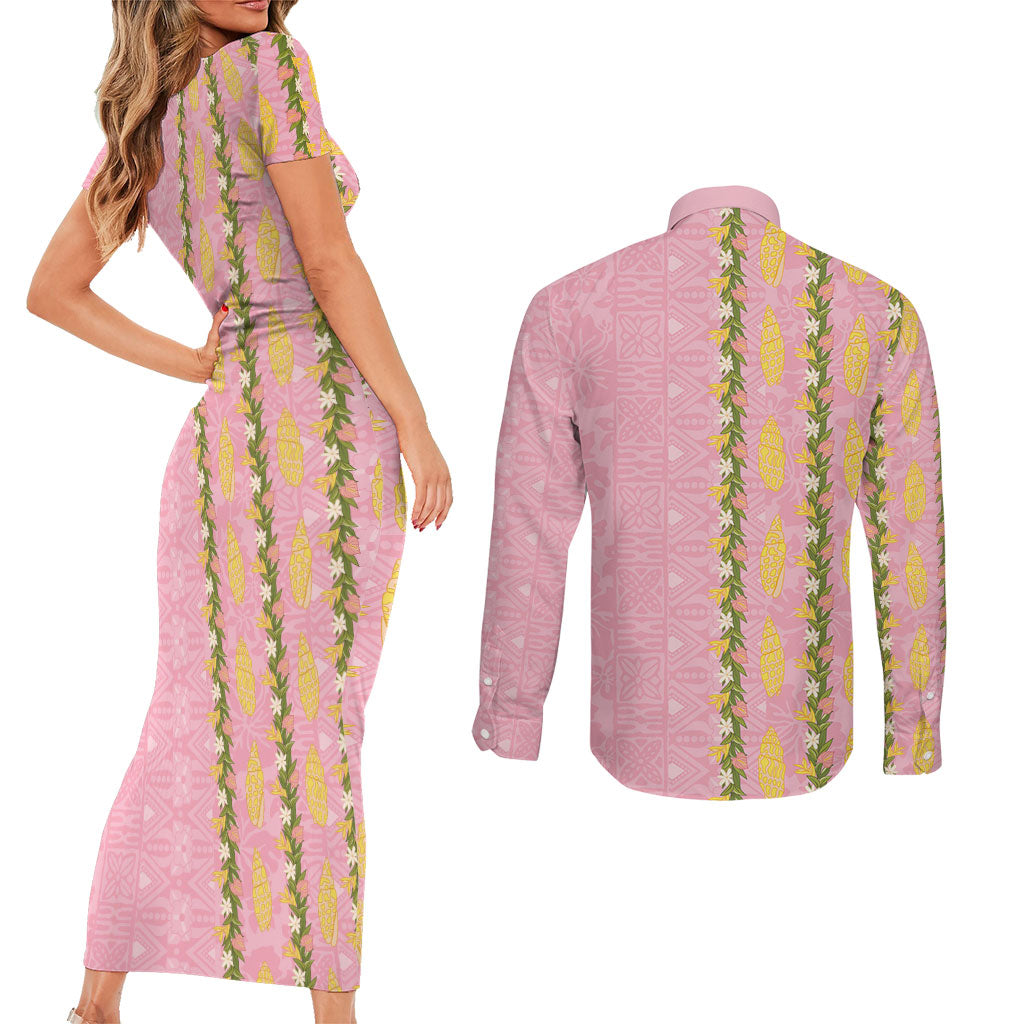 Hawaii Shell Tiare Anthurium Heliconia Lei Couples Matching Short Sleeve Bodycon Dress and Long Sleeve Button Shirt With Tapa Pattern Baby Pink