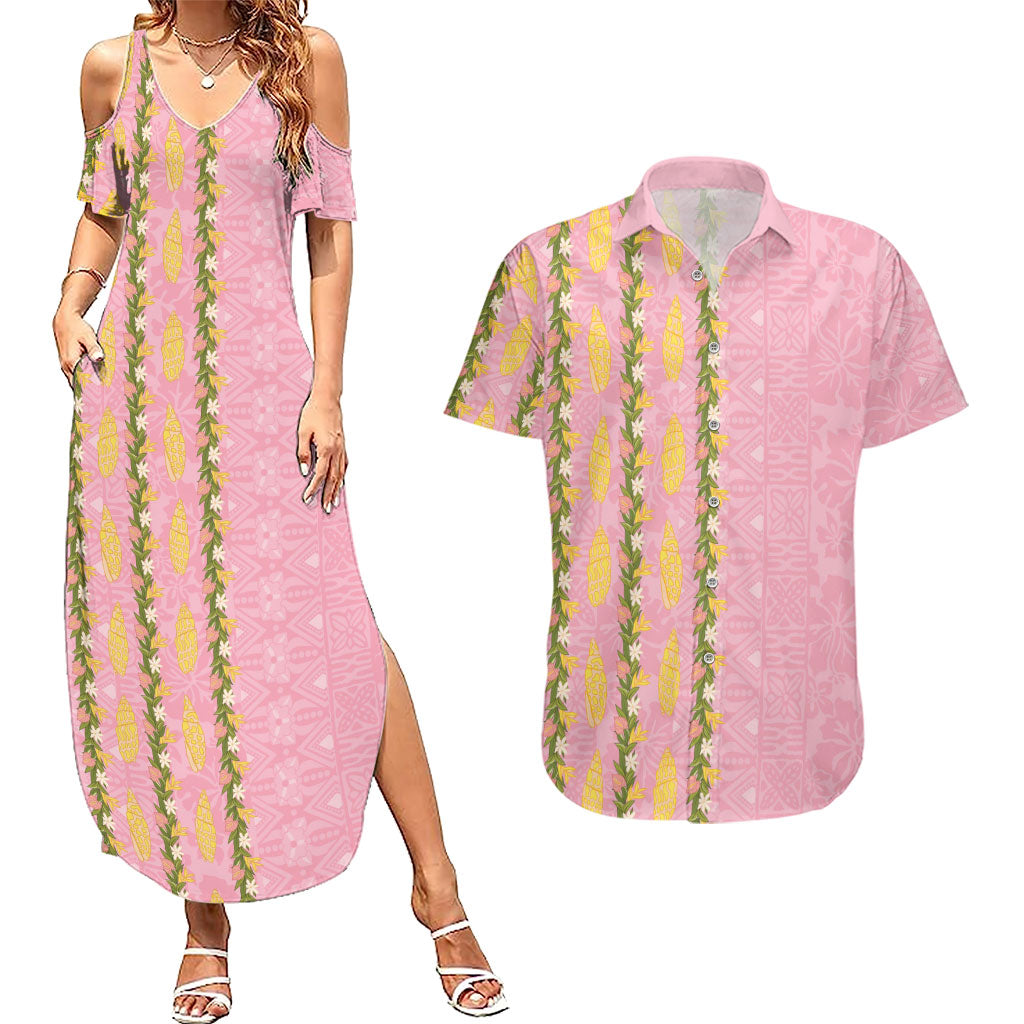 Hawaii Shell Tiare Anthurium Heliconia Lei Couples Matching Summer Maxi Dress and Hawaiian Shirt With Tapa Pattern Baby Pink