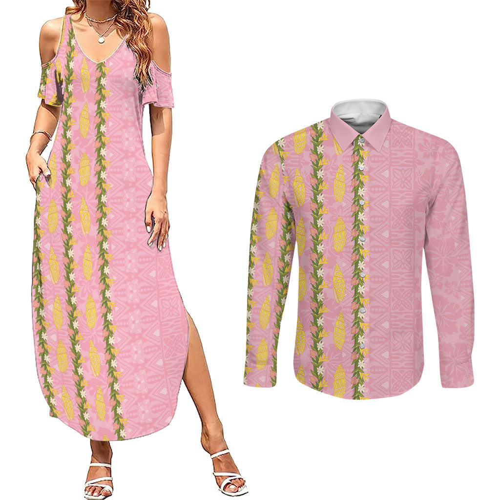 Hawaii Shell Tiare Anthurium Heliconia Lei Couples Matching Summer Maxi Dress and Long Sleeve Button Shirt With Tapa Pattern Baby Pink