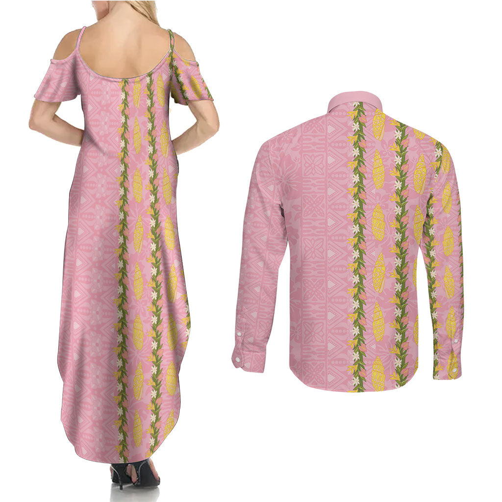 Hawaii Shell Tiare Anthurium Heliconia Lei Couples Matching Summer Maxi Dress and Long Sleeve Button Shirt With Tapa Pattern Baby Pink