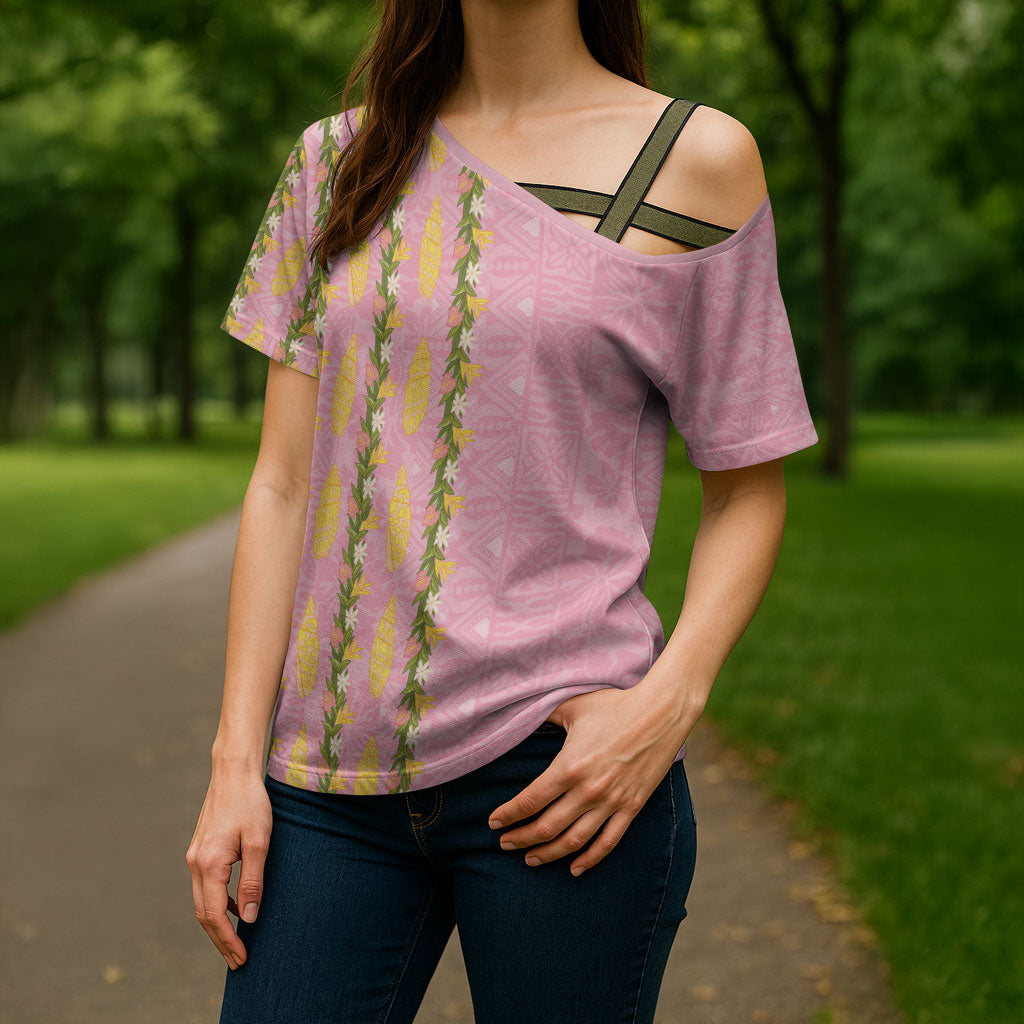 Hawaii Shell Tiare Anthurium Heliconia Lei Cross Shoulder Shirt With Tapa Pattern Baby Pink