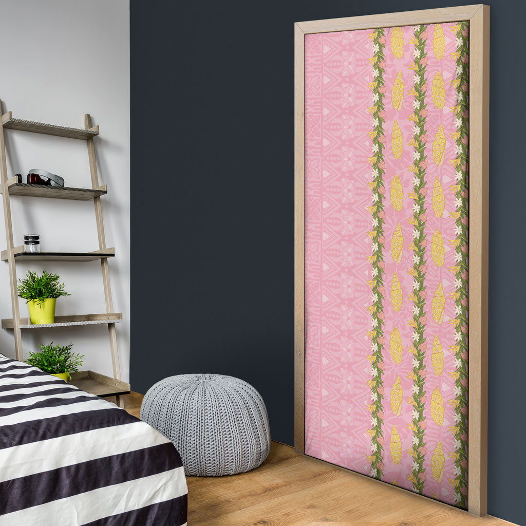 Hawaii Shell Tiare Anthurium Heliconia Lei Door Cover With Tapa Pattern Baby Pink
