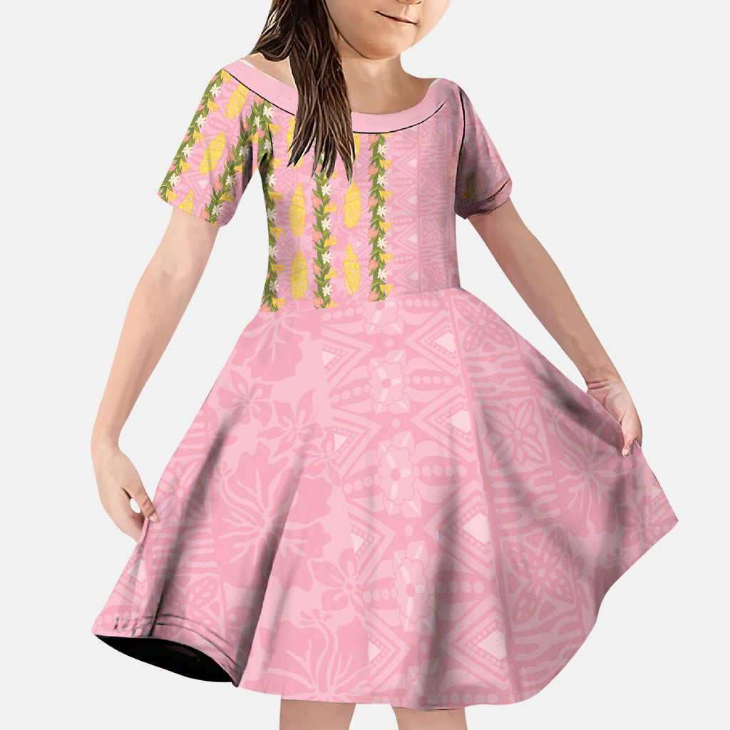Hawaii Shell Tiare Anthurium Heliconia Lei Family Matching Long Sleeve Bodycon Dress and Hawaiian Shirt With Tapa Pattern Baby Pink