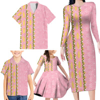 Hawaii Shell Tiare Anthurium Heliconia Lei Family Matching Long Sleeve Bodycon Dress and Hawaiian Shirt With Tapa Pattern Baby Pink