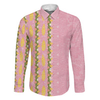 Hawaii Shell Tiare Anthurium Heliconia Lei Family Matching Long Sleeve Bodycon Dress and Hawaiian Shirt With Tapa Pattern Baby Pink