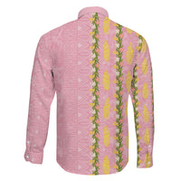 Hawaii Shell Tiare Anthurium Heliconia Lei Family Matching Long Sleeve Bodycon Dress and Hawaiian Shirt With Tapa Pattern Baby Pink