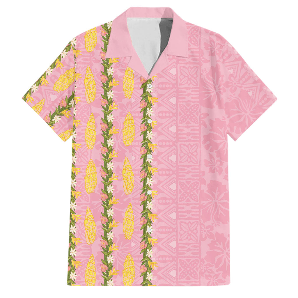 Hawaii Shell Tiare Anthurium Heliconia Lei Family Matching Off The Shoulder Long Sleeve Dress and Hawaiian Shirt With Tapa Pattern Baby Pink