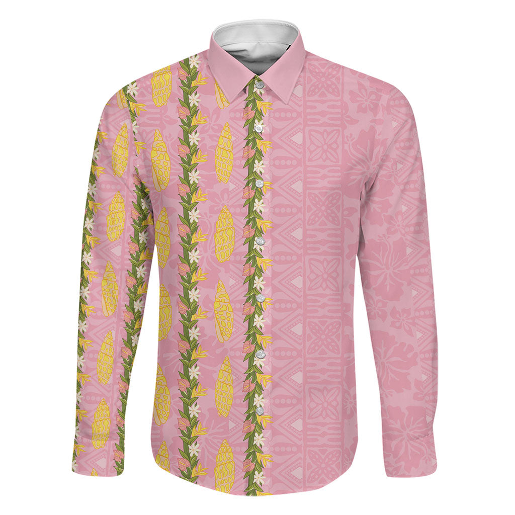 Hawaii Shell Tiare Anthurium Heliconia Lei Family Matching Off The Shoulder Long Sleeve Dress and Hawaiian Shirt With Tapa Pattern Baby Pink