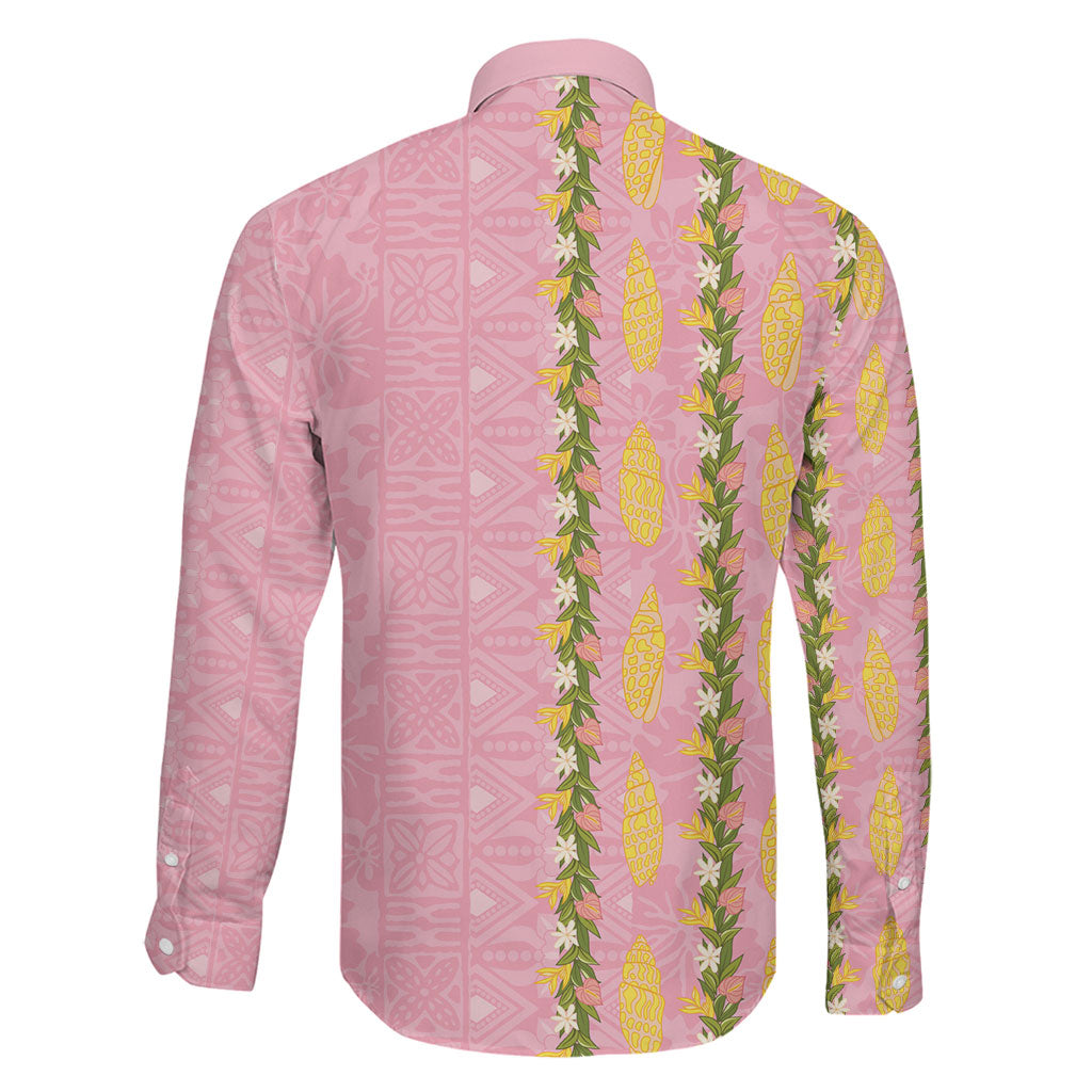 Hawaii Shell Tiare Anthurium Heliconia Lei Family Matching Off The Shoulder Long Sleeve Dress and Hawaiian Shirt With Tapa Pattern Baby Pink