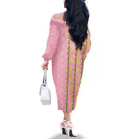 Hawaii Shell Tiare Anthurium Heliconia Lei Family Matching Off The Shoulder Long Sleeve Dress and Hawaiian Shirt With Tapa Pattern Baby Pink