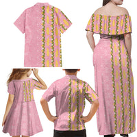 Hawaii Shell Tiare Anthurium Heliconia Lei Family Matching Off Shoulder Maxi Dress and Hawaiian Shirt With Tapa Pattern Baby Pink
