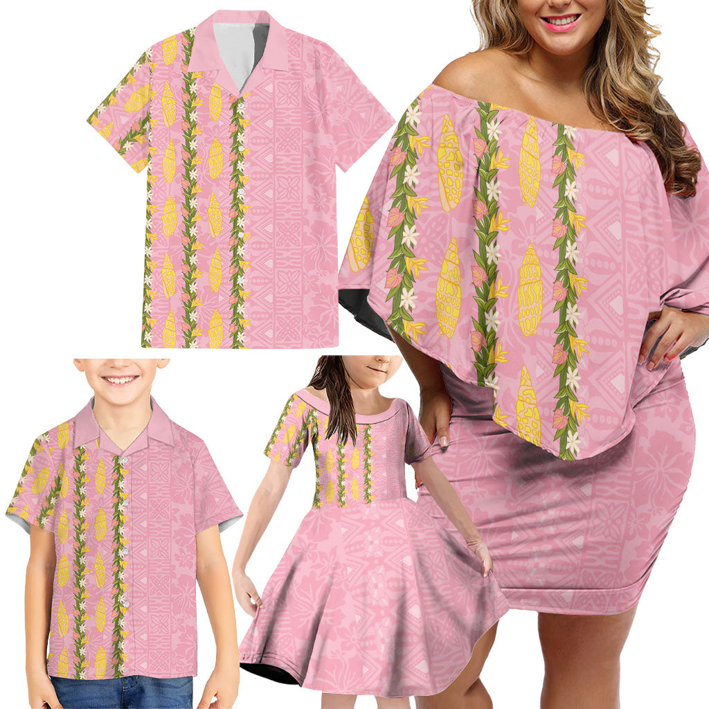 Hawaii Shell Tiare Anthurium Heliconia Lei Family Matching Off Shoulder Short Dress and Hawaiian Shirt With Tapa Pattern Baby Pink