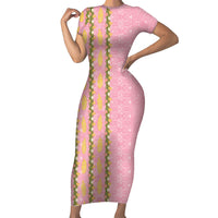Hawaii Shell Tiare Anthurium Heliconia Lei Family Matching Short Sleeve Bodycon Dress and Hawaiian Shirt With Tapa Pattern Baby Pink