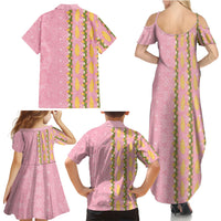 Hawaii Shell Tiare Anthurium Heliconia Lei Family Matching Summer Maxi Dress and Hawaiian Shirt With Tapa Pattern Baby Pink