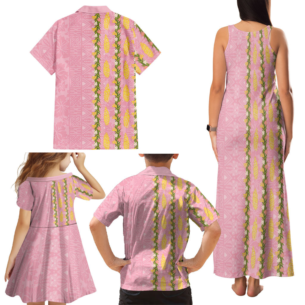 Hawaii Shell Tiare Anthurium Heliconia Lei Family Matching Tank Maxi Dress and Hawaiian Shirt With Tapa Pattern Baby Pink
