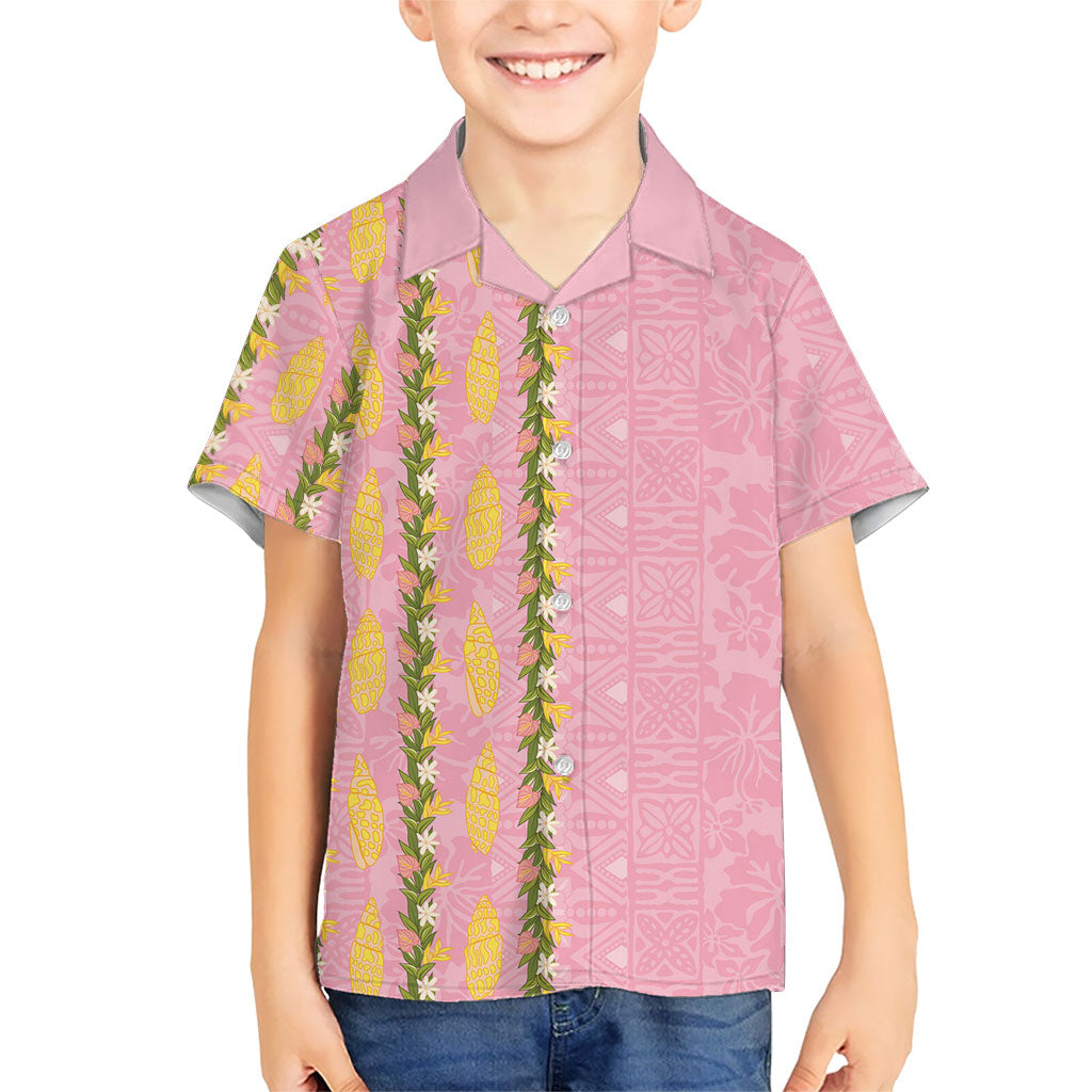 Hawaii Shell Tiare Anthurium Heliconia Lei Kid Hawaiian Shirt With Tapa Pattern Baby Pink