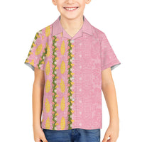 Hawaii Shell Tiare Anthurium Heliconia Lei Kid Hawaiian Shirt With Tapa Pattern Baby Pink