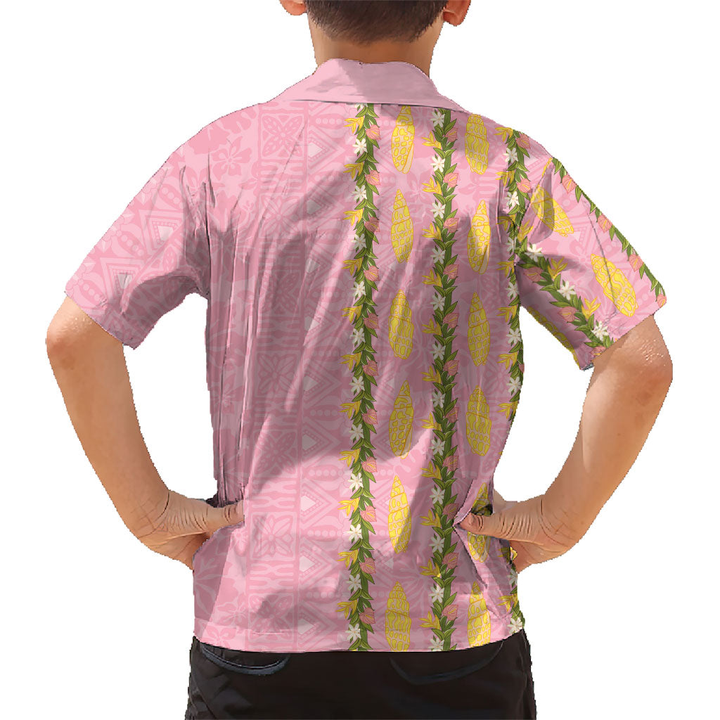 Hawaii Shell Tiare Anthurium Heliconia Lei Kid Hawaiian Shirt With Tapa Pattern Baby Pink