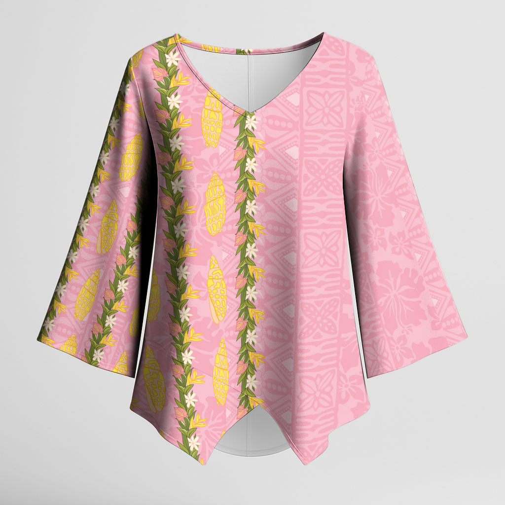 Hawaii Shell Tiare Anthurium Heliconia Lei Kimono Sleeve Blouse With Tapa Pattern Baby Pink