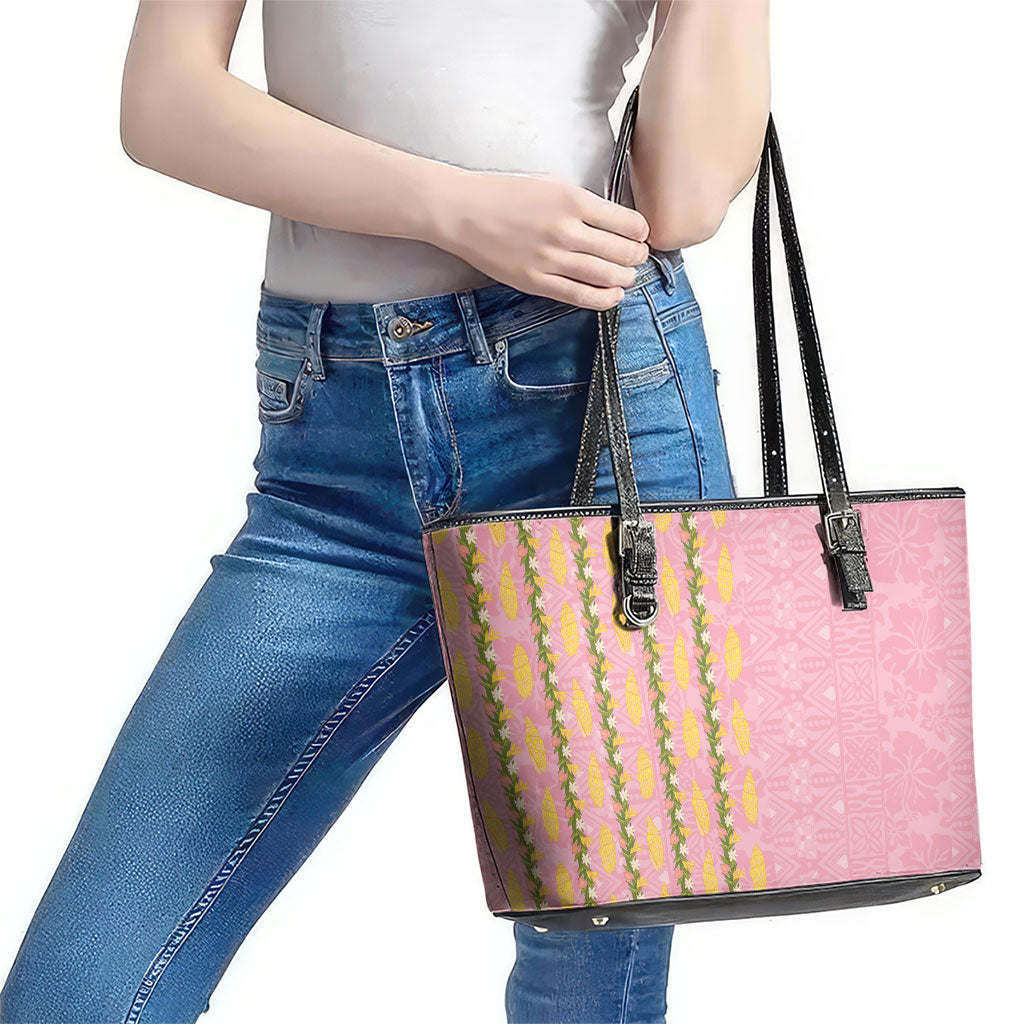 Hawaii Shell Tiare Anthurium Heliconia Lei Leather Tote Bag With Tapa Pattern Baby Pink