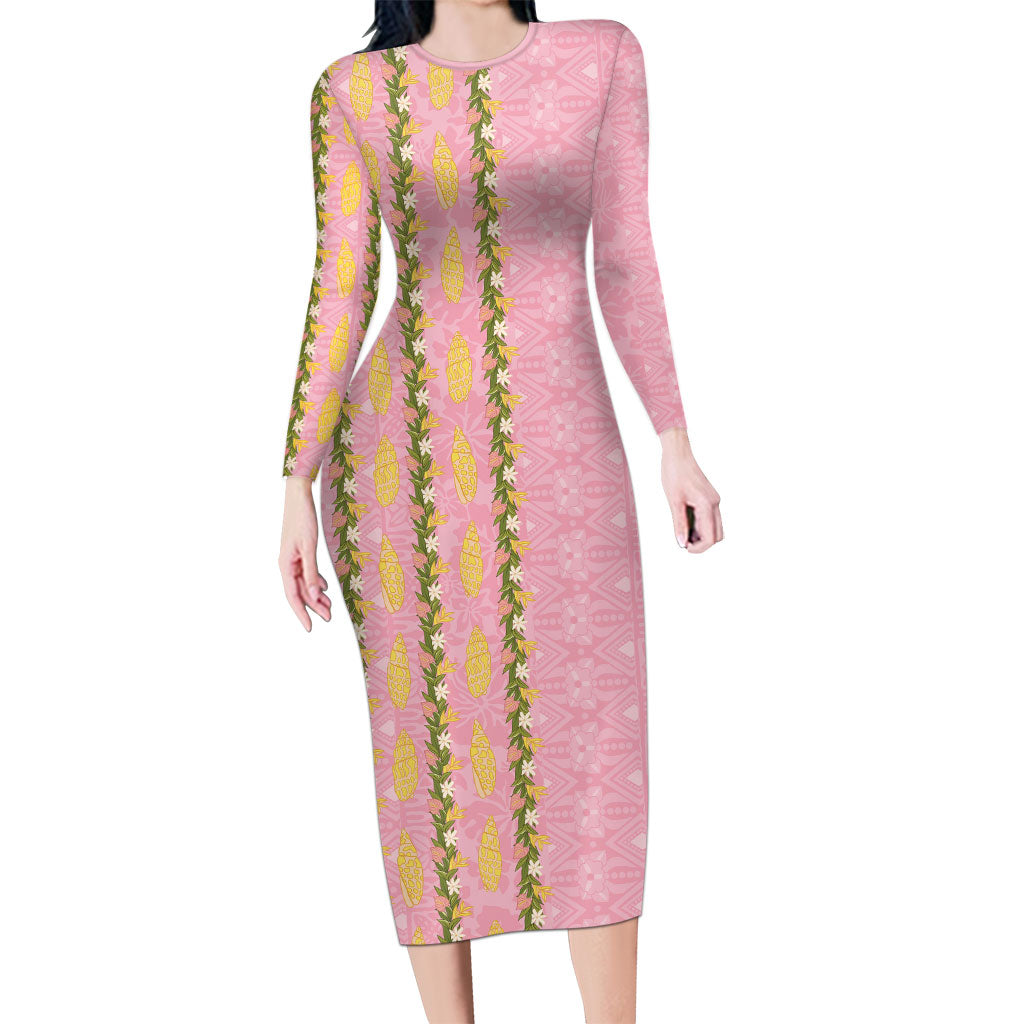 Hawaii Shell Tiare Anthurium Heliconia Lei Long Sleeve Bodycon Dress With Tapa Pattern Baby Pink