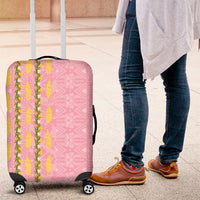 Hawaii Shell Tiare Anthurium Heliconia Lei Luggage Cover With Tapa Pattern Baby Pink