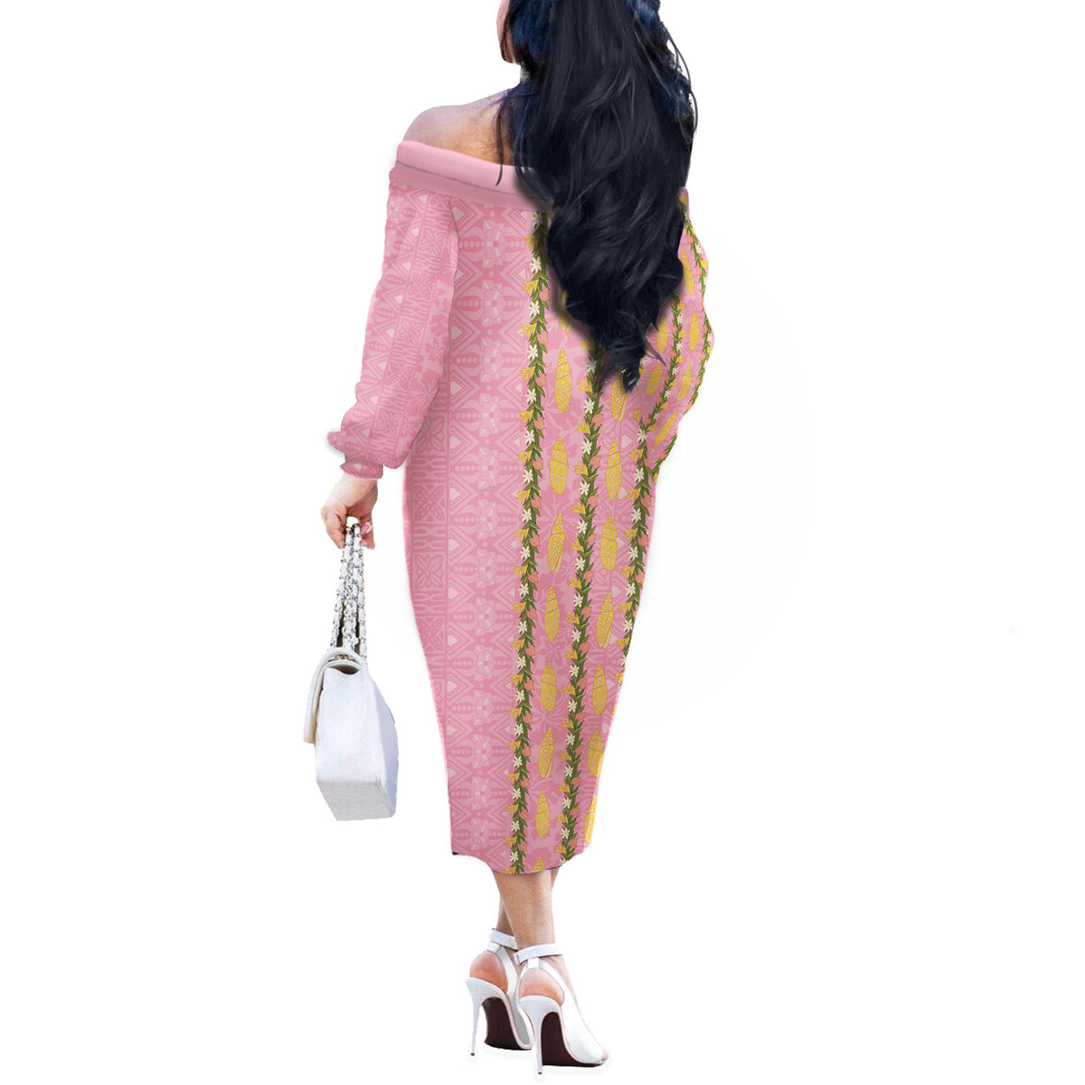 Hawaii Shell Tiare Anthurium Heliconia Lei Off The Shoulder Long Sleeve Dress With Tapa Pattern Baby Pink