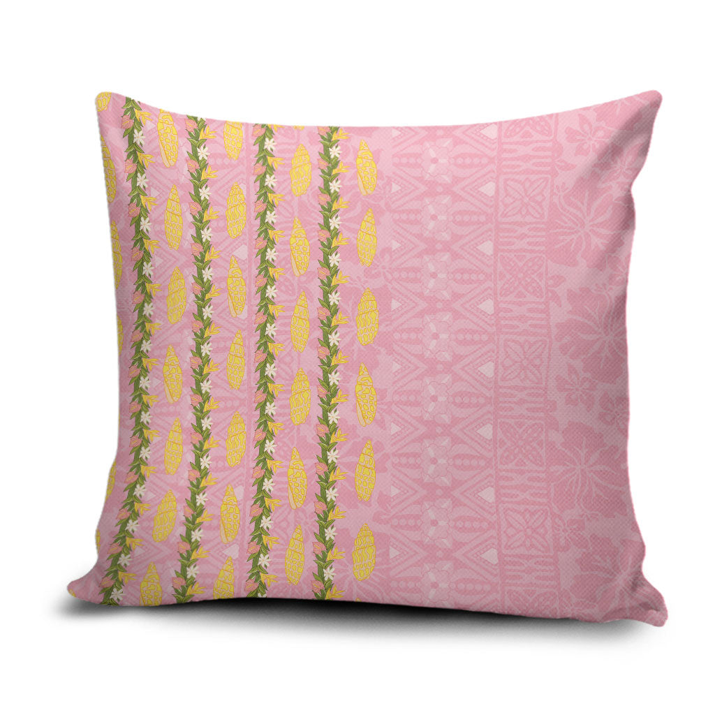 Hawaii Shell Tiare Anthurium Heliconia Lei Pillow Cover With Tapa Pattern Baby Pink