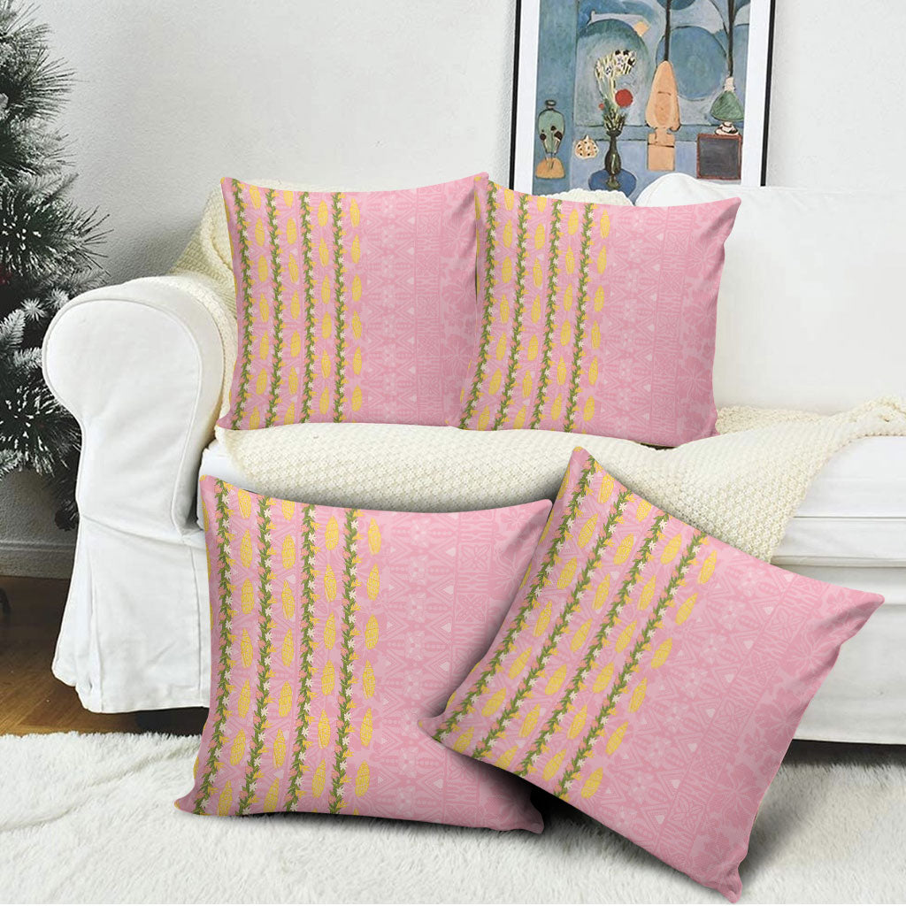 Hawaii Shell Tiare Anthurium Heliconia Lei Pillow Cover With Tapa Pattern Baby Pink