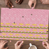 Hawaii Shell Tiare Anthurium Heliconia Lei Puzzle With Tapa Pattern Baby Pink