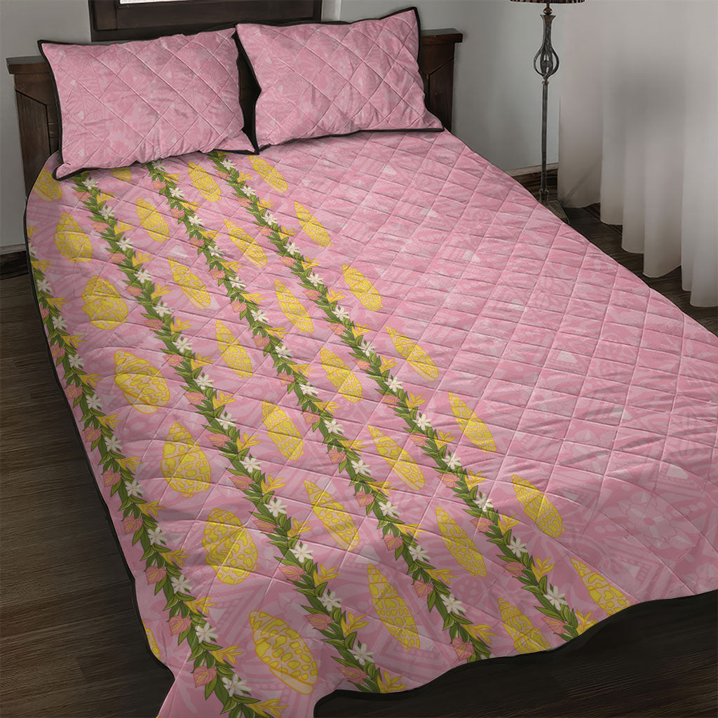 Hawaii Shell Tiare Anthurium Heliconia Lei Quilt Bed Set With Tapa Pattern Baby Pink