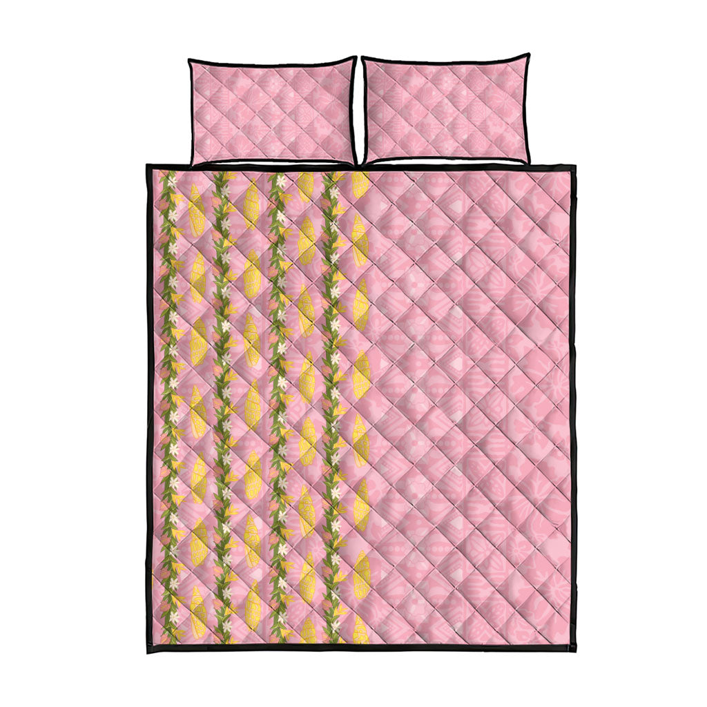 Hawaii Shell Tiare Anthurium Heliconia Lei Quilt Bed Set With Tapa Pattern Baby Pink