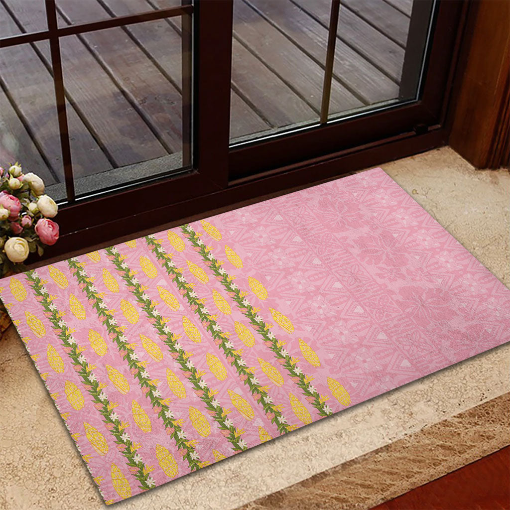Hawaii Shell Tiare Anthurium Heliconia Lei Rubber Doormat With Tapa Pattern Baby Pink