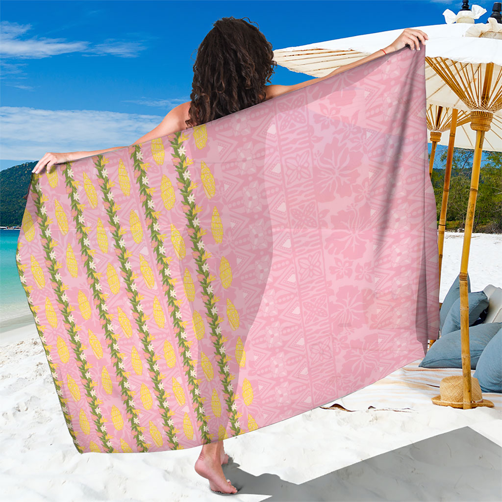 Hawaii Shell Tiare Anthurium Heliconia Lei Sarong With Tapa Pattern Baby Pink
