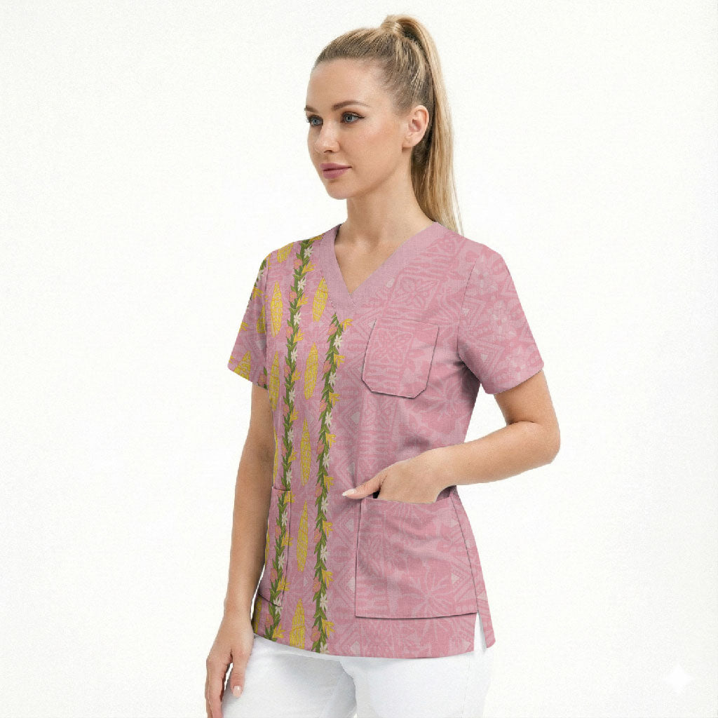 Hawaii Shell Tiare Anthurium Heliconia Lei Scrub Top With Tapa Pattern Baby Pink