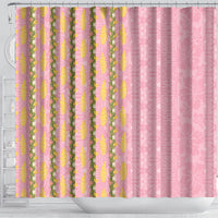Hawaii Shell Tiare Anthurium Heliconia Lei Shower Curtain With Tapa Pattern Baby Pink