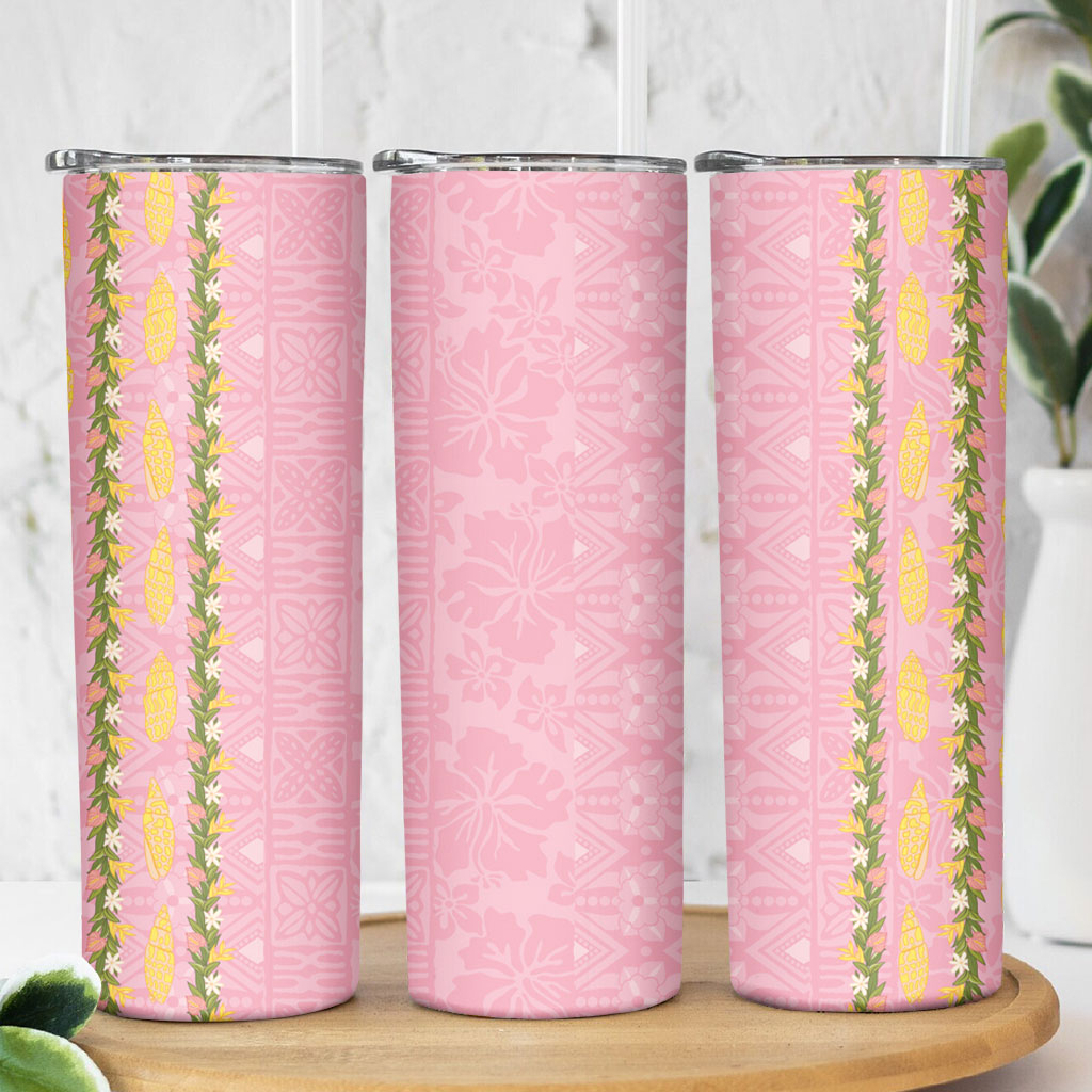 Hawaii Shell Tiare Anthurium Heliconia Lei Skinny Tumbler With Tapa Pattern Baby Pink