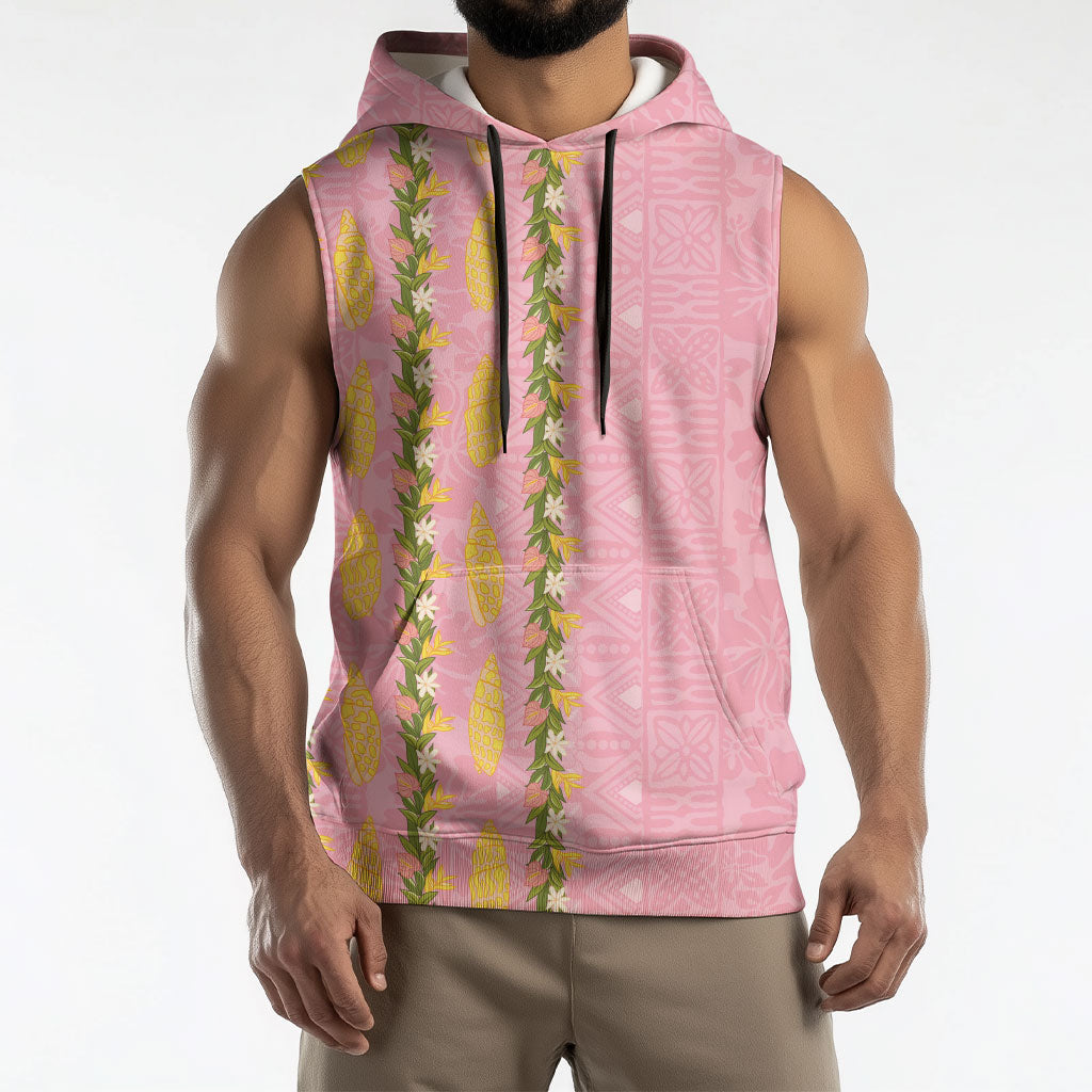 Hawaii Shell Tiare Anthurium Heliconia Lei Sleeveless Hoodie With Tapa Pattern Baby Pink