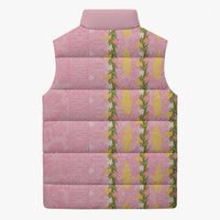 Hawaii Shell Tiare Anthurium Heliconia Lei Sleeveless Puffer Jacket With Tapa Pattern Baby Pink