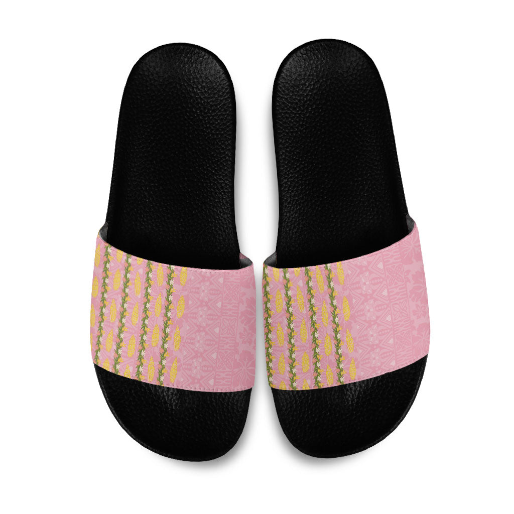 Hawaii Shell Tiare Anthurium Heliconia Lei Slide Sandals With Tapa Pattern Baby Pink