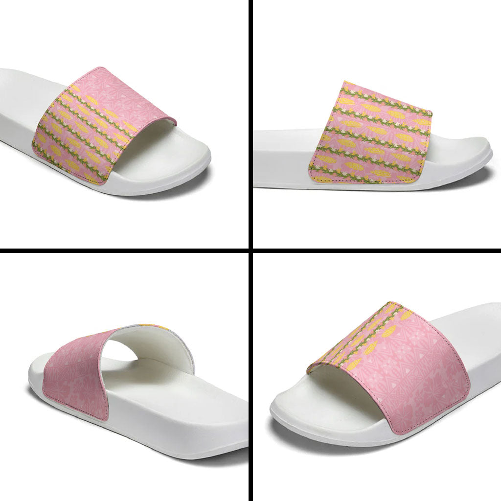 Hawaii Shell Tiare Anthurium Heliconia Lei Slide Sandals With Tapa Pattern Baby Pink